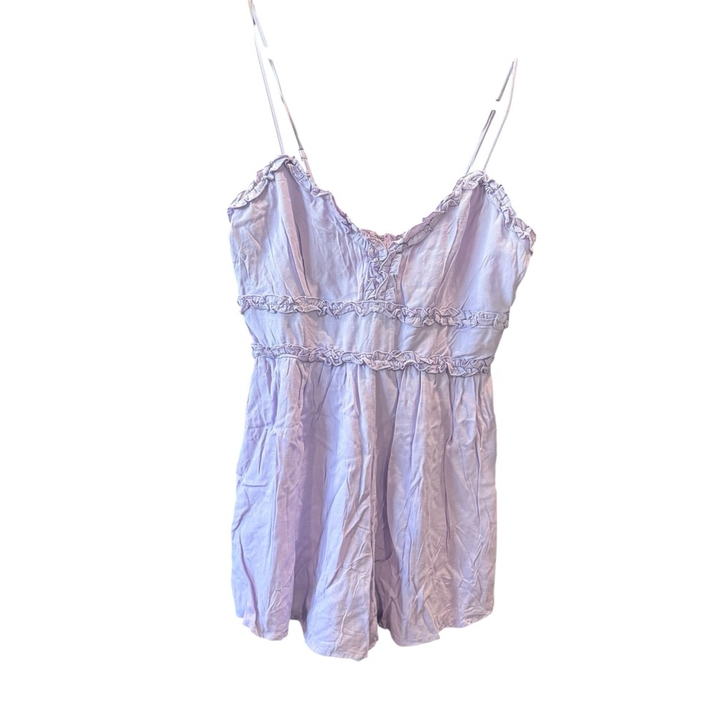 Mi ami Spaghetti Strap Lavender Shorts Romper, Flirty Ruffles,‎ Size L